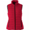 A red insulated vest with a high collar, featuring a zip front and side pockets. Includes a logo.