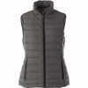 A grey insulated vest with a high collar, zippered front, and side pockets, featuring a logo.