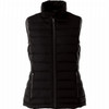 A black insulated vest with a high collar and zippered pockets. It features a sleek, padded design and has a logo.