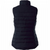 A women's black insulated vest with a fitted design, featuring vertical stitching and a high collar.