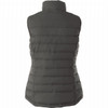 A women's insulated vest in a dark green colour with a padded design and a high collar. It features a logo.