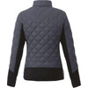 A Womens' jacket in grey with a diamond quilted design and black accents, featuring a logo on the back.