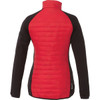 A women's jacket featuring a red insulated front and black sleeves, with a high collar and a logo.
