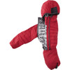 A red women's insulated jacket with a packable design, featuring a shiny silver lining and a hood.
