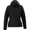 A black women's insulated jacket with a hood, featuring a quilted design and fitted silhouette.