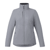 A grey insulated puffer jacket for women, featuring a high collar, zip closure, and side pockets. It has a logo.
