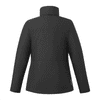 A women's insulated puffer jacket in black with a high collar and long sleeves, featuring a logo on the side.