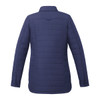 A navy insulated shacket with a quilted design, featuring a collar and buttoned cuffs, and a branding logo.