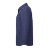 A navy women's insulated shacket featuring a collared design and quilted texture. It has a logo.