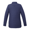 A navy insulated shacket with a structured design, featuring long sleeves and a collar, along with a logo.