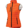An orange women's down vest with a high collar and zip front, featuring two zippered pockets and a logo.