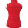 A red women's down vest with a high collar and a quilted texture, featuring a logo on the lower side.