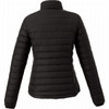 A women's puffer jacket in black, featuring a quilted design and a high collar. The jacket has a logo on the back.