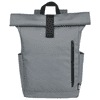 A grey roll-top backpack featuring side pockets and a front zipper pocket, with a logo on the side.