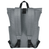 A grey roll-top backpack with adjustable straps and side pockets. It features branding on the front.