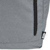 A grey roll-top backpack featuring a zippered pocket and a small brand logo.