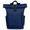 A navy blue roll-top backpack with a front zip pocket and side pockets, featuring a logo on the side.