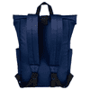 A navy blue roll-top backpack with adjustable straps and side pockets. It features a logo on the back.