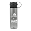A drink bottle in clear grey with a black lid and a logo on the side. Features a carry loop.