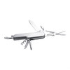 A stainless steel multi-tool with multiple functions, including blades, scissors, and a corkscrew. It features a small logo.