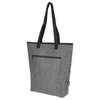 A grey felt cooler tote bag with a zipper pocket and black handles, designed for carrying drinks.