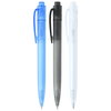 Three ballpoint pens in blue, black, and clear colours, featuring a clip and a logo on each pen.