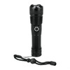 A black LED flashlight with a textured grip and a lanyard, featuring a round button for operation.