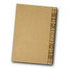 A brown notebook with a decorative patterned spine. It features a simple and minimalist design.