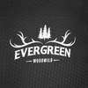 A textured, black fabric displaying a logo with trees and antlers, featuring the words "Evergreen Woodwild."