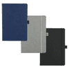 A collection of three hard-bound journals in navy blue, grey, and black, each featuring a logo.
