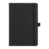 A black hardbound journal with an elastic closure and a bookmark. It features a logo on the cover.