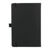 A black hardbound journal with an elastic closure and a logo, suitable for office and business use.
