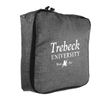 A grey packing cube with a black zipper, featuring a logo and text on one side.