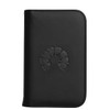 A black recycled travel wallet with RFID blocking feature and an embossed logo on the front.