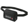 A black recycled sport bum bag featuring a zippered compartment and adjustable strap, with a logo.