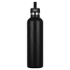 A drink bottle in matte black stainless steel, featuring a secure lid and a simple design. It has a logo on the side.