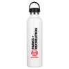 A drink bottle with a sleek white design, featuring a black top and a logo. It holds 1 litre of liquid.