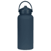 A drink bottle in a matte navy colour with a handle and a screw-top lid, featuring a logo.