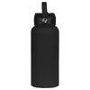 A drink bottle in matte black with a rubber-coated finish and a sturdy lid, featuring a handle and branding.