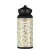 A drink bottle with a rubber coating, featuring a pattern of dots in earthy tones and a black lid.