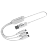 A white fast charging multi cable with three connectors, featuring a logo on the main unit.
