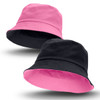 A reversible bucket hat in black and pink, featuring a logo, showcasing both colour options.
