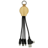 A 16.5cm recycled 6-in-1 charging cable with a wooden keychain attachment and black cords. Features various connectors.