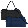 A recycled canvas duffel bag in black and navy, featuring carrying handles and external zip pockets.