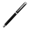 A sleek black pen with silver accents and a clip, designed for elegance in writing.