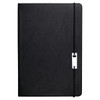 A black notebook with a textured cover and an elastic strap, featuring a silver clasp. Includes a pen.