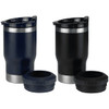 A drink bottle pair featuring a navy and black tumbler cooler with silver accents and detachable base lids.