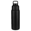 A drink bottle in matte black, featuring a handle and a sleek, modern design. It includes a logo.