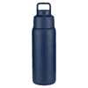 A drink bottle in navy blue, featuring a handle and a sleek, reusable design, with a logo on the surface.