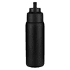 A drink bottle in matte black, featuring a lid and a logo on the body. Suitable for keeping beverages hot or cold.
